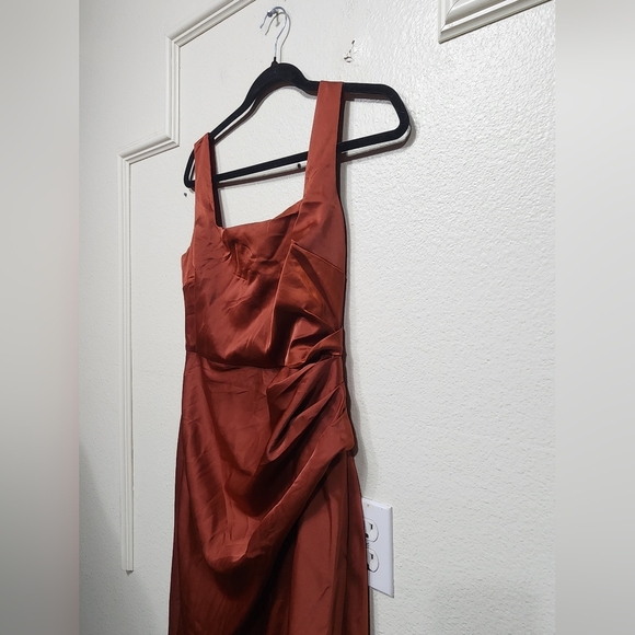 Lulu's Red Carpet Romance Rust Orange Satin Square Neck Maxi Dress L Party - Picture 7 of 12